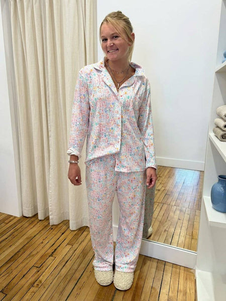 Mahjong Women’s Button Front Long Pajama Set