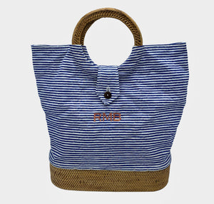 Navy Striped Rattan Tote