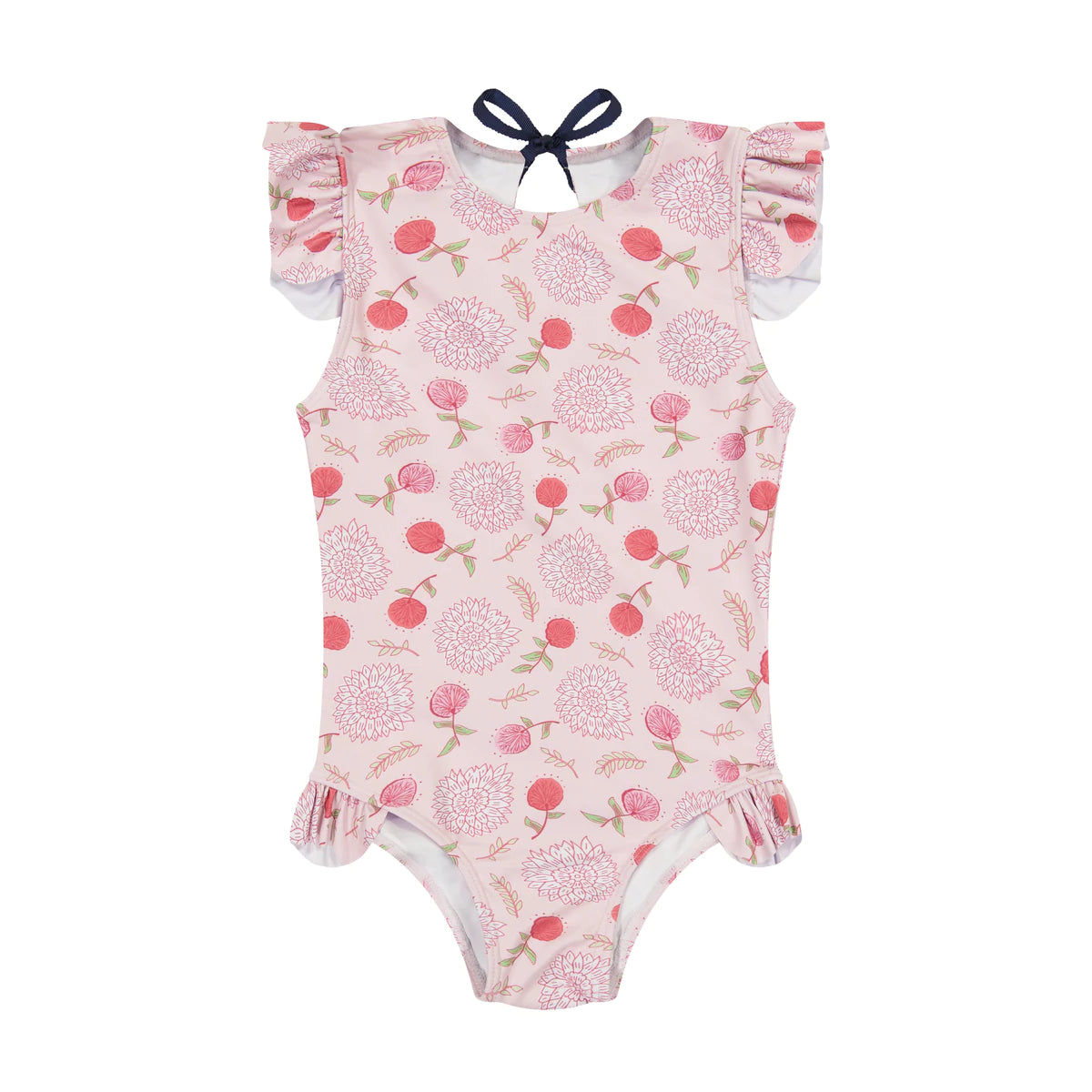 Pink Flower Ruffle Cap Sleeve Bathing Suit